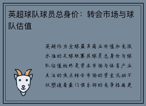 英超球队球员总身价：转会市场与球队估值
