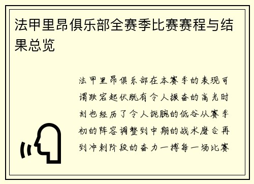 法甲里昂俱乐部全赛季比赛赛程与结果总览